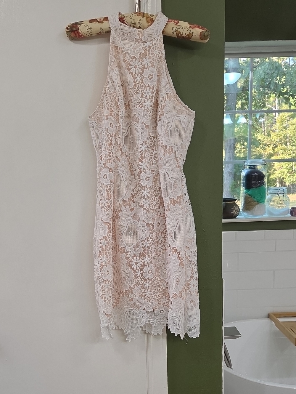 One-Shoulder Lace Mini Dress in Nude And Cream